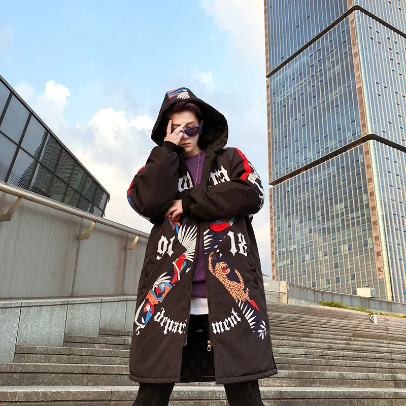 Зимние теплые хлопковые парки в стиле хип хоп с длинным рукавом и граффити