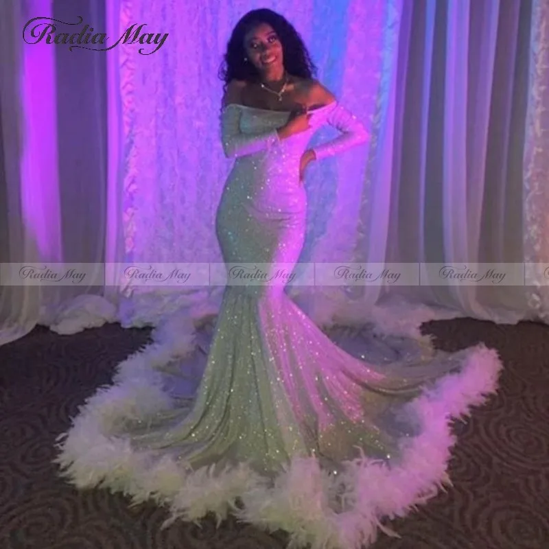 Африканские платья с открытыми плечами перьями для выпускного вечера длинными