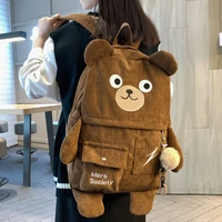 new corduroy cute bear women backpack female embroidery big winter schoolbag multi pocket travel bag for teenage girls