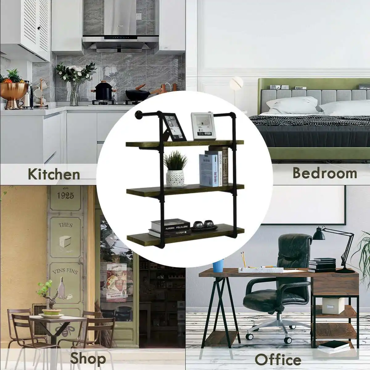 

2Pcs 4 Tier DIY Industrial Retro Bookshelf Wall Mounted Storage Shelves Bracket Iron Pipe Shelf for Home Decor Kitchen Kids Room