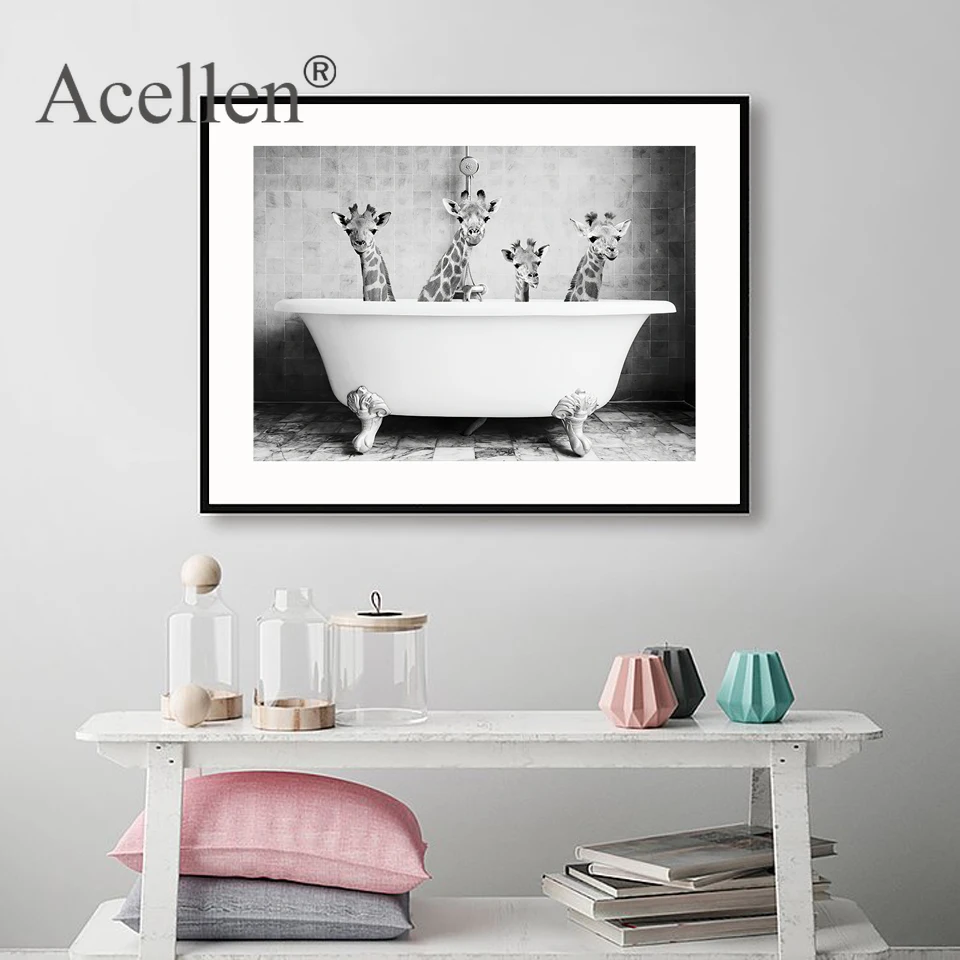 Детское животное в ванной постер панда жираф слон лев свинья корова