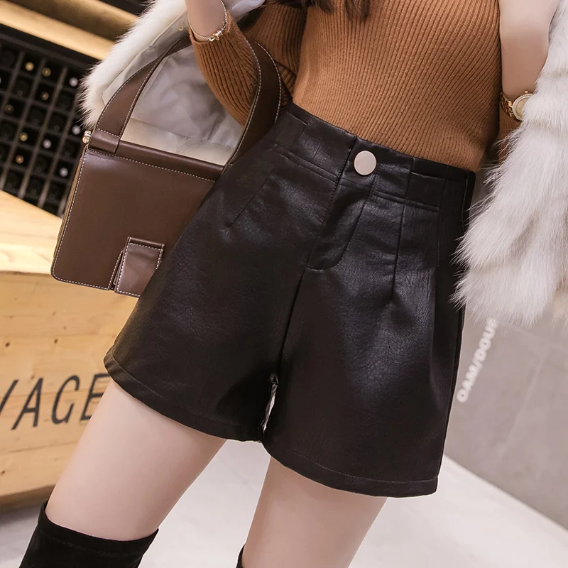 Осень зима шорты женские с высокой талией PU шорты из искусственной кожи уличная одежда большого размера черные Хаки сексуальные шорты femme