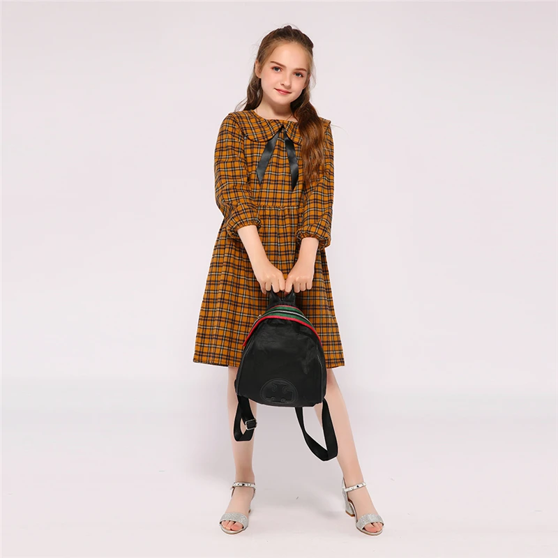 Kseniya Kids Wholesale Peter Pan Collar Bow Plaid Girl Dress Long Sleeve For 2 to 9 Years