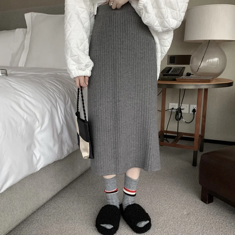 

Женская трикотажная юбка средней длины, осенне-зимняя трапециевидная юбка с высокой талией, облегающая длинная юбка с запахом, универсальн...