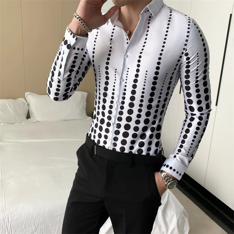 

Рубашка мужская в горошек, модная сорочка с длинным рукавом, приталенный силуэт, деловая Повседневная рабочая одежда, корейский стиль, 3XL-M, н...