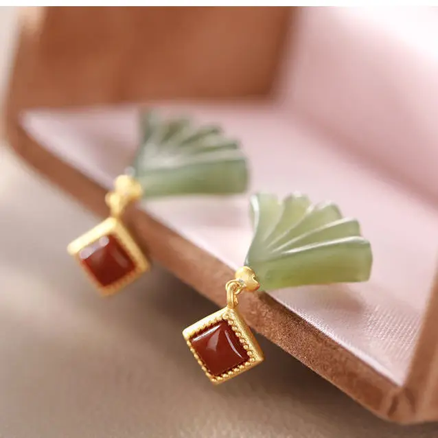

Natural Hetian Jade Earrings S925 Sterling Silver South Red Stud Earrings for Women Gray Jade Ginkgo Leaf Earrings