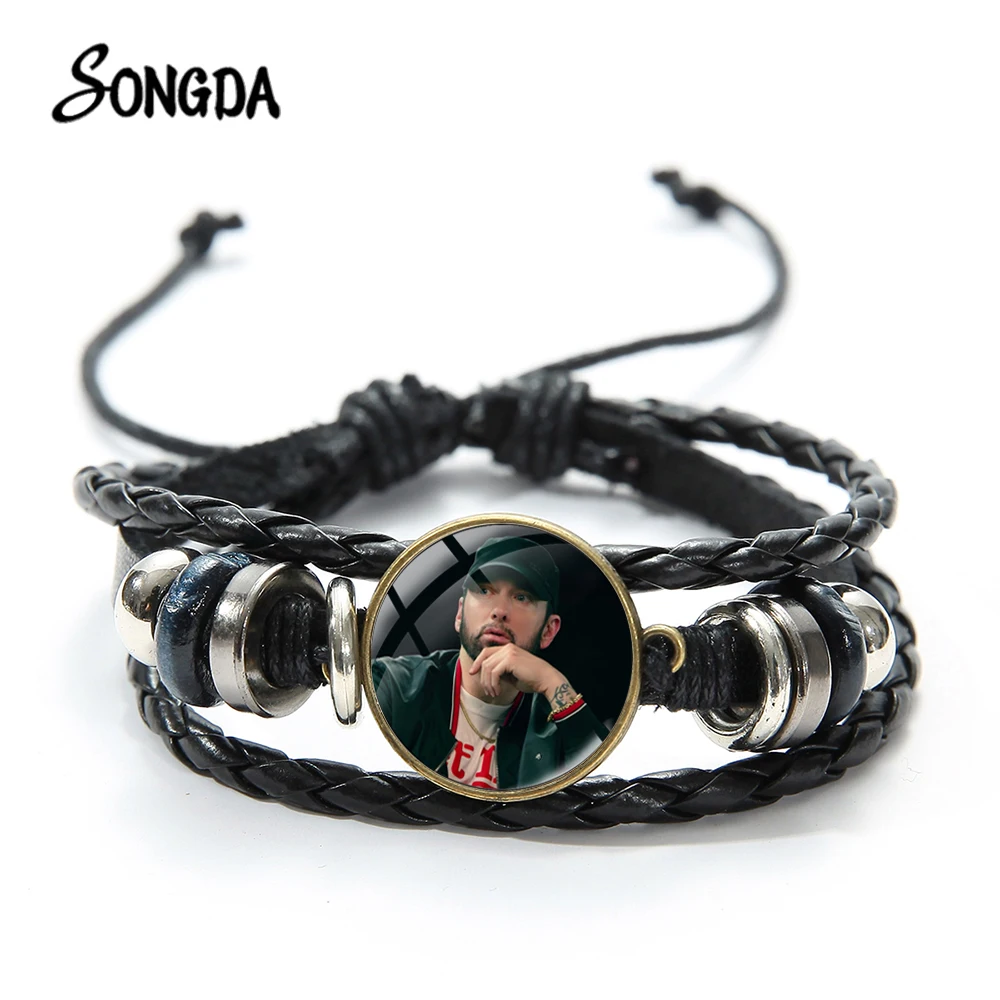 

Hip-Hop Rap Singer Eminem Bracelet Famous Music Star Art Glass Picture Exquisite Adjustable Leather Braided Bracelet Jewelry