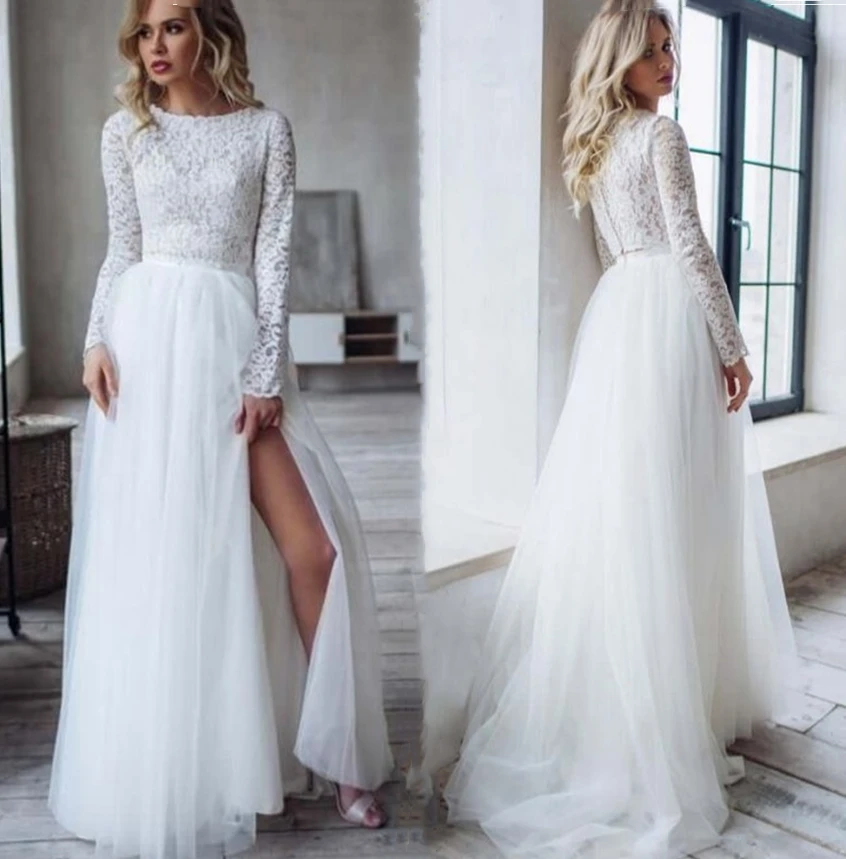 

Ivory Country Beach Wedding Dress Sexy Side Slits Cheap Lace Tulle Boho Wedding Dresses Tops Lace Full Sleeve Long Bride Gowns