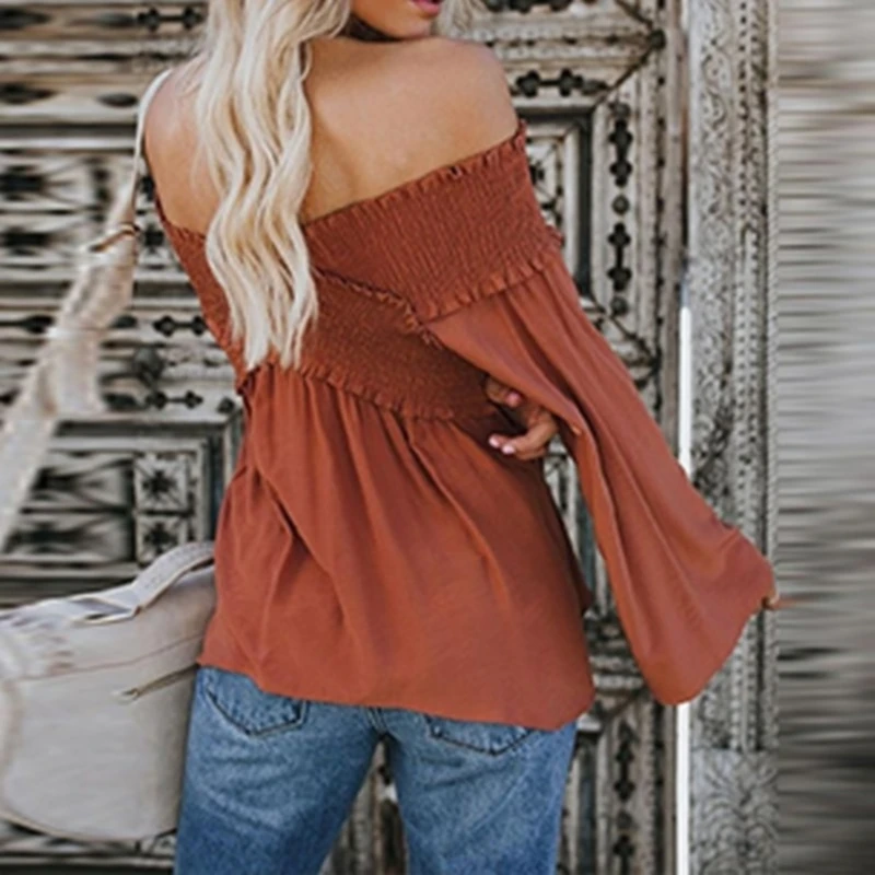 

Elegant Women Off Shoulder Chiffon Blouse Fashion Solid Color Pleated Sexy Shirt 2021 New Womens Office Street Tops And Blouses