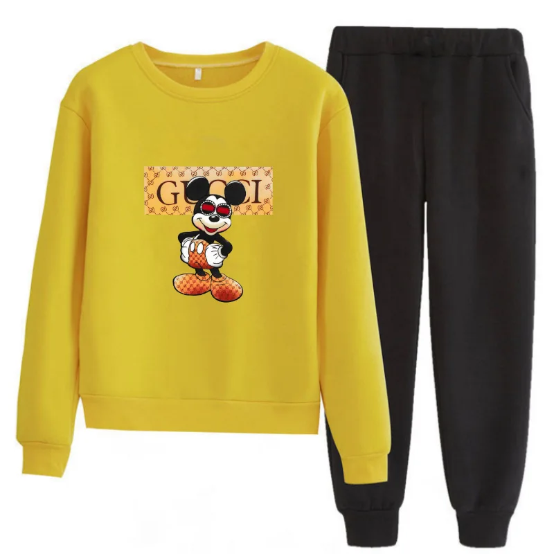 

Disney Tracksuit Women Sweatshirt Casual Mickey Mouse Autumn Winter Spring Plus Velvet Round Neck Sweater Pant Suit Ropa Mujer
