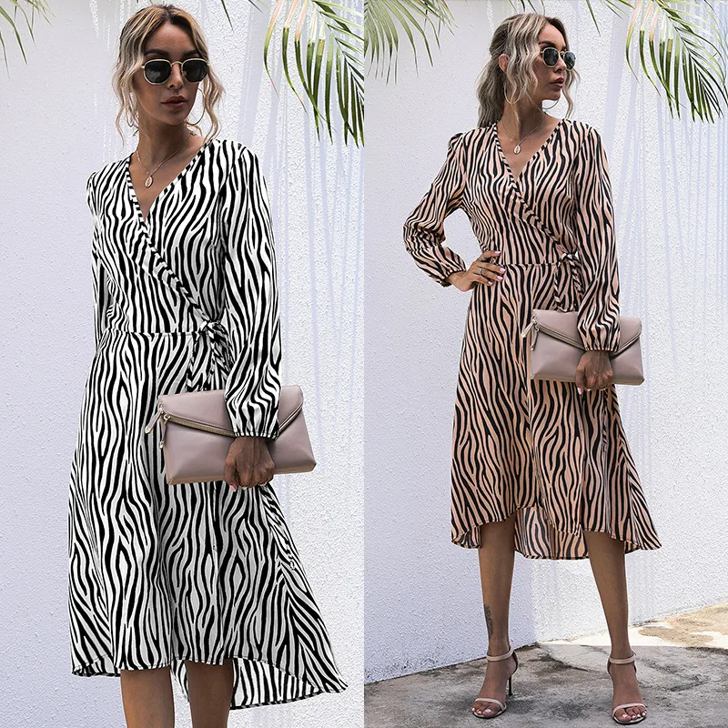 

2021 Fashion Women Fall Wrap Dresses Long Sleeve V Neck Clothes Office Elegant Midi Frocks For Ladies Spring Autmn Zebra Stripes