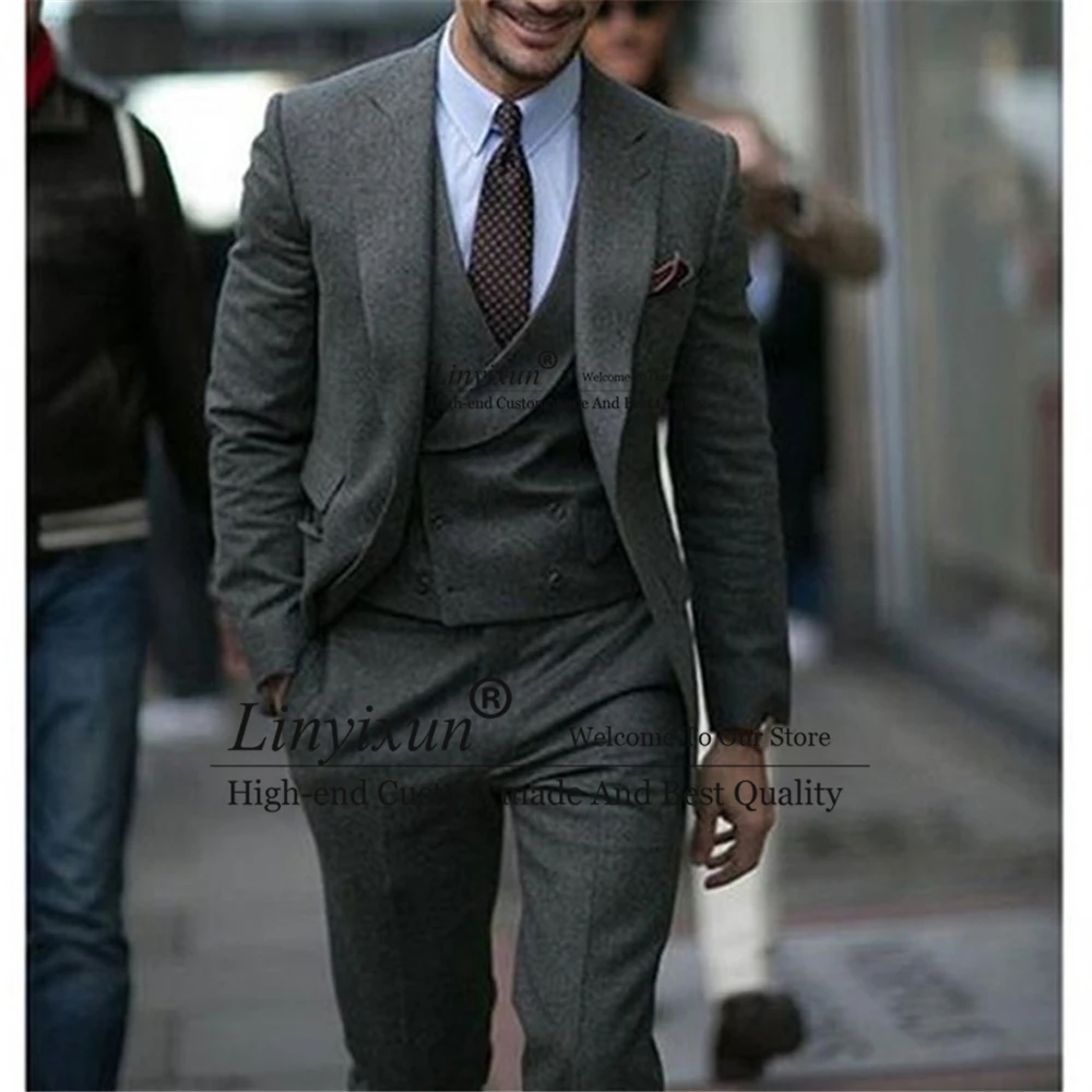 

Classic Gray Herringbone Mens Suits Business Blazer 3 Piece Jacket Pants Vest Set Wedding Groom Tuxedo Customized Costume Homme