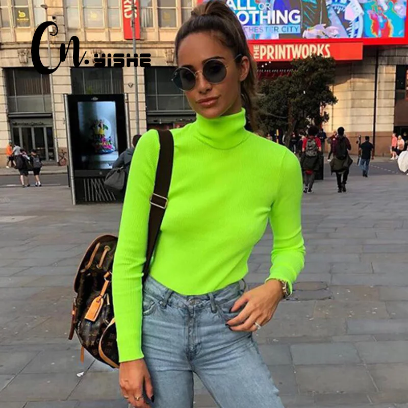 

2020 Neon Green T-shirt Women Regular Tee Tops Long Sleeve Turtleneck Sexy Women Streetwear Shirts Blusas Female Outwear