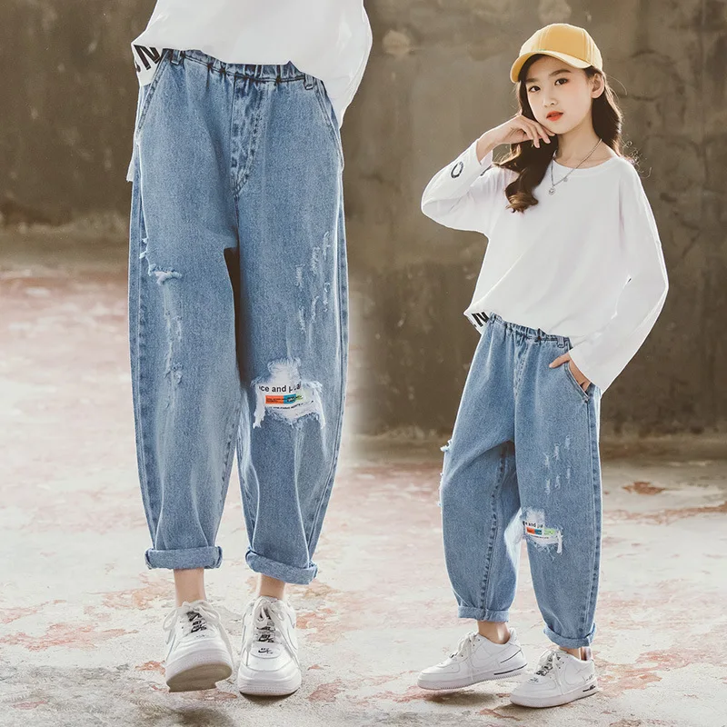 

Teen Girls Holes Jeans 2021 Spring 8 10 12 years Kids Girls Long Pants