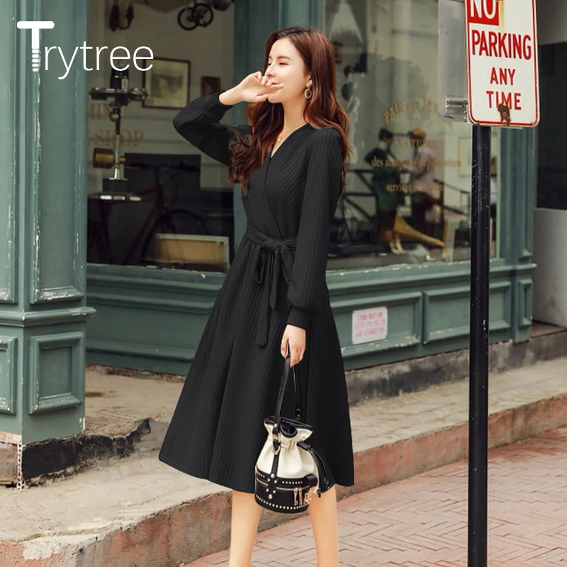 Осень-зима 2020 женское Повседневное платье Trytree трикотажное однотонное Модное