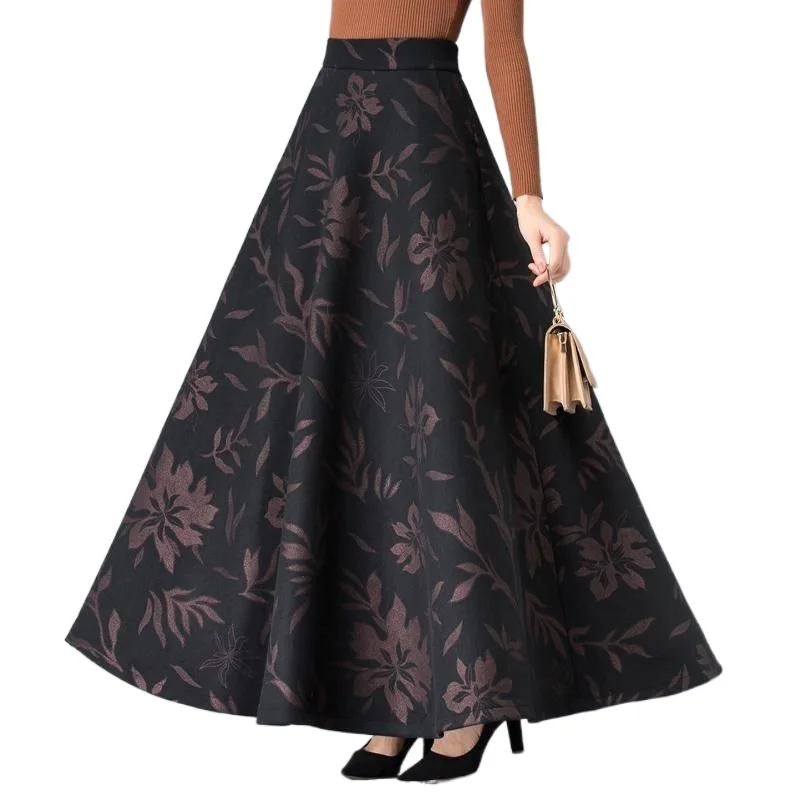 

Elegant Spring Winter Printing Woolen Skirts Womens Jupe Femme Vintage Warm High Waist Wool Skirt Mom Casual Maxi Long Skirt