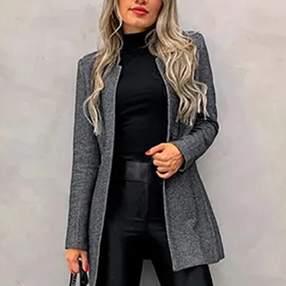 CYSINCOS New Women Mid-Length Trench Coat Blazer Autumn Winter Fashion Slim Suit Female Solid Color Woolen Coat Streetwear