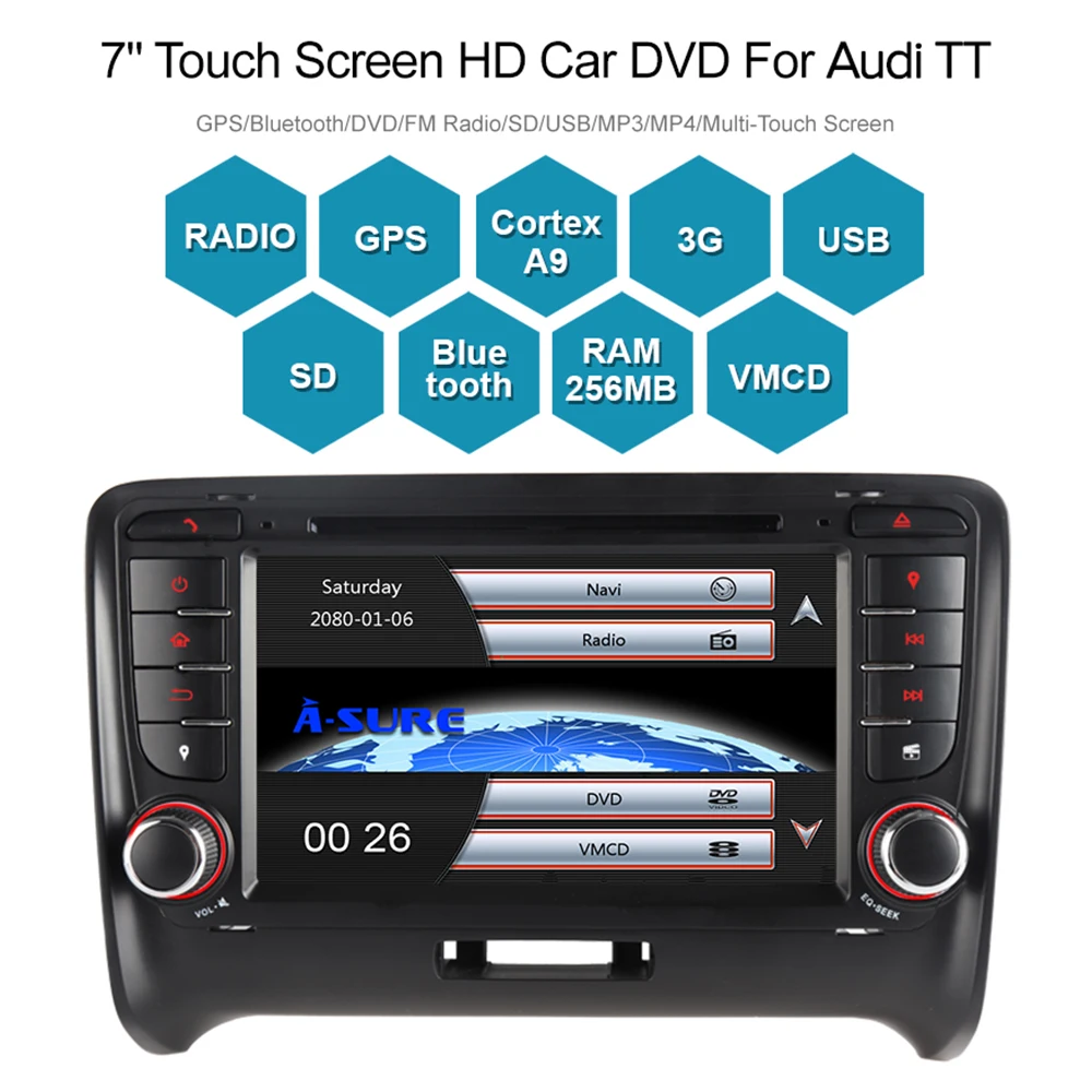 A-Sure 2 Din Авто Радио dvd-плеер gps Стерео навигация для Audi TT MK2 2006-2009 3g Bluetooth SWC RDS DAB + VMCD