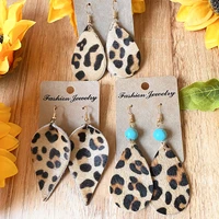 classic leopard genuine leather turquoise leaves teardrop drop earrings fashion pastoral ethnic jewelry for women wholesale