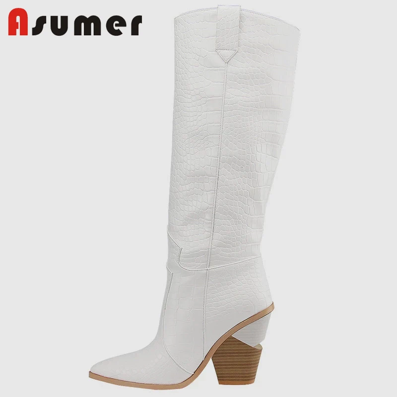 Женские сапоги до колена ASUMER с острым носком на толстом высоком каблуке размеры 34
