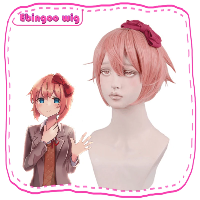 Sayori wig Ebingoo Sayori парик DDLC Doki Literature Club Синтетический Косплей парик естественная волна Короткие Розовые аниме Боб волосы парики для девочек - Цвет: Sayori wig