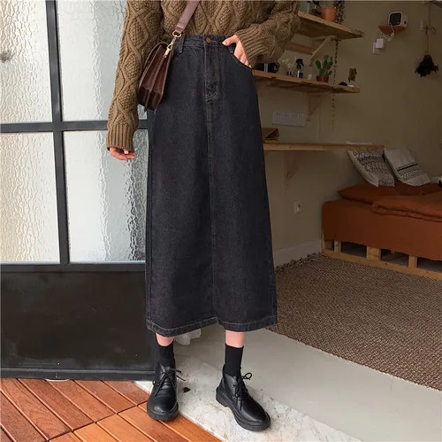 

Spring Autumn New Retro Black Skirt Women Streetwear High Waist Split Slim Denim Skirt Mid calf A Line long Jean Skirt
