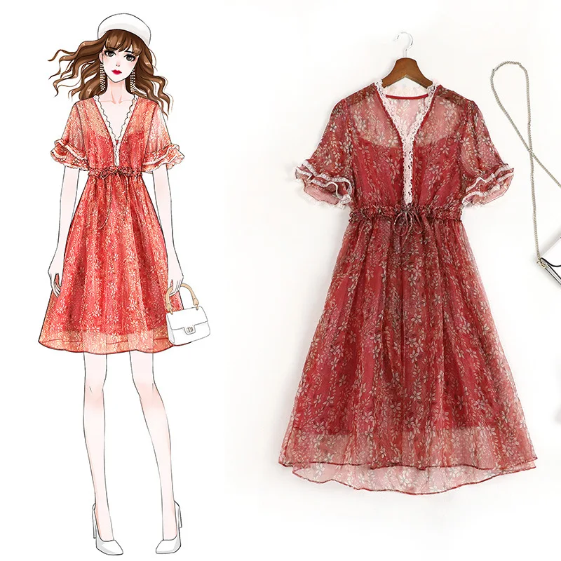 

New Hot-Selling Women's Summer Chiffon Floral Dress Loose Mid-Length Skirt Temperament V-Neck Straight Over Size Dress