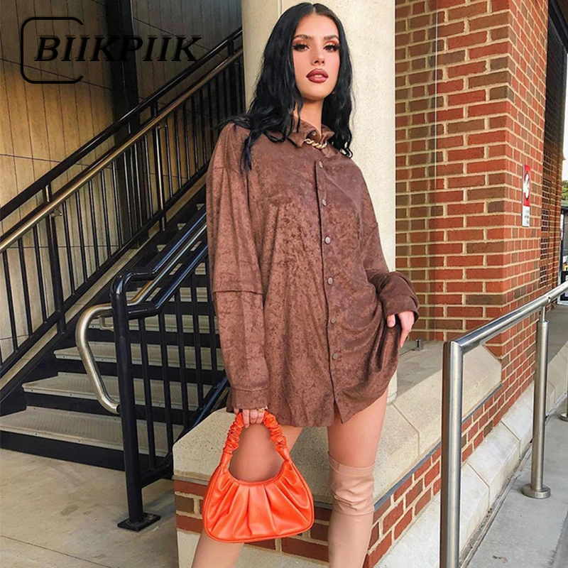 

BIIKPIIK, однотонные футболки большого размера, модные блузки с отложным воротником и длинными рукавами на пуговицах, женская уличная одежда на...