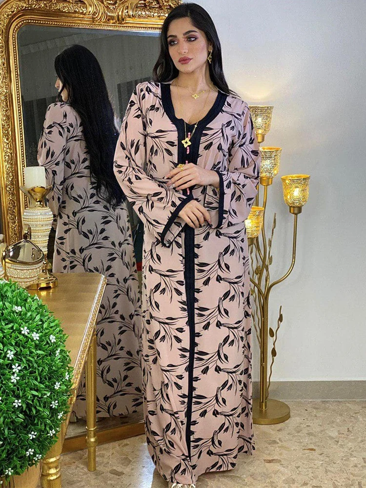

Рамазан принт Абая Макси платье для женщин с v-образным вырезом с длинным рукавом в мусульманском арабском кафтан Дубай, Турция одежда розов...