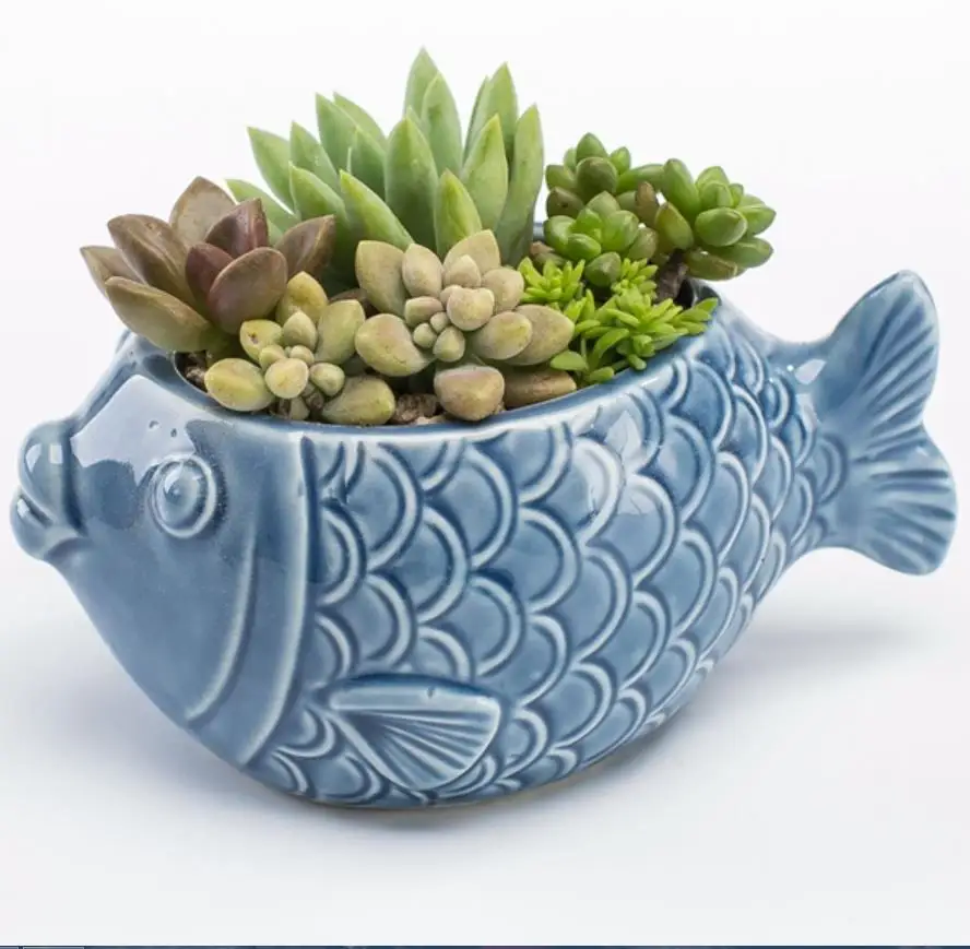 Европейский милый цветочный горшок фарфоровая ваза с синей рыбой мини бонсай