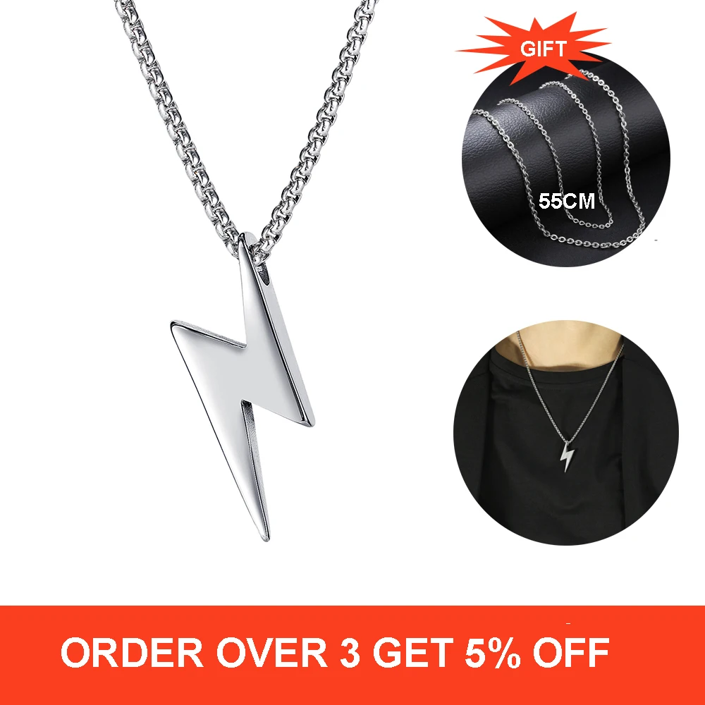 

European Punk Hiphop 3 Color Stainless Steel Sweat Chain Necklace Long Chain Lightning Charm Pendant For Girl Boy Unisex Jewelry