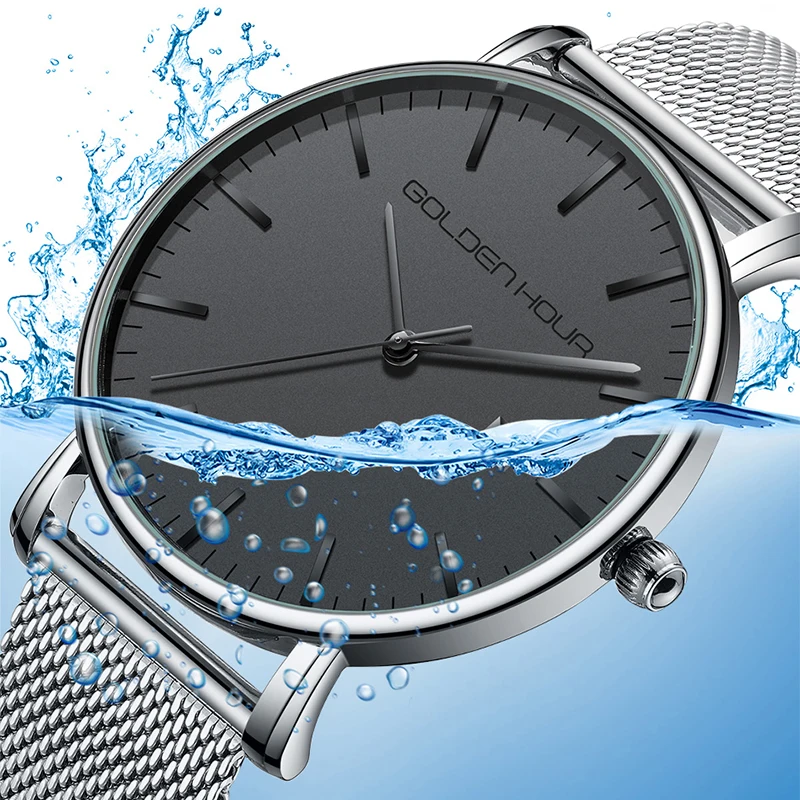 Мужские кварцевые часы от лучшего бренда GOLDENHOUR модные повседневные Серебристые
