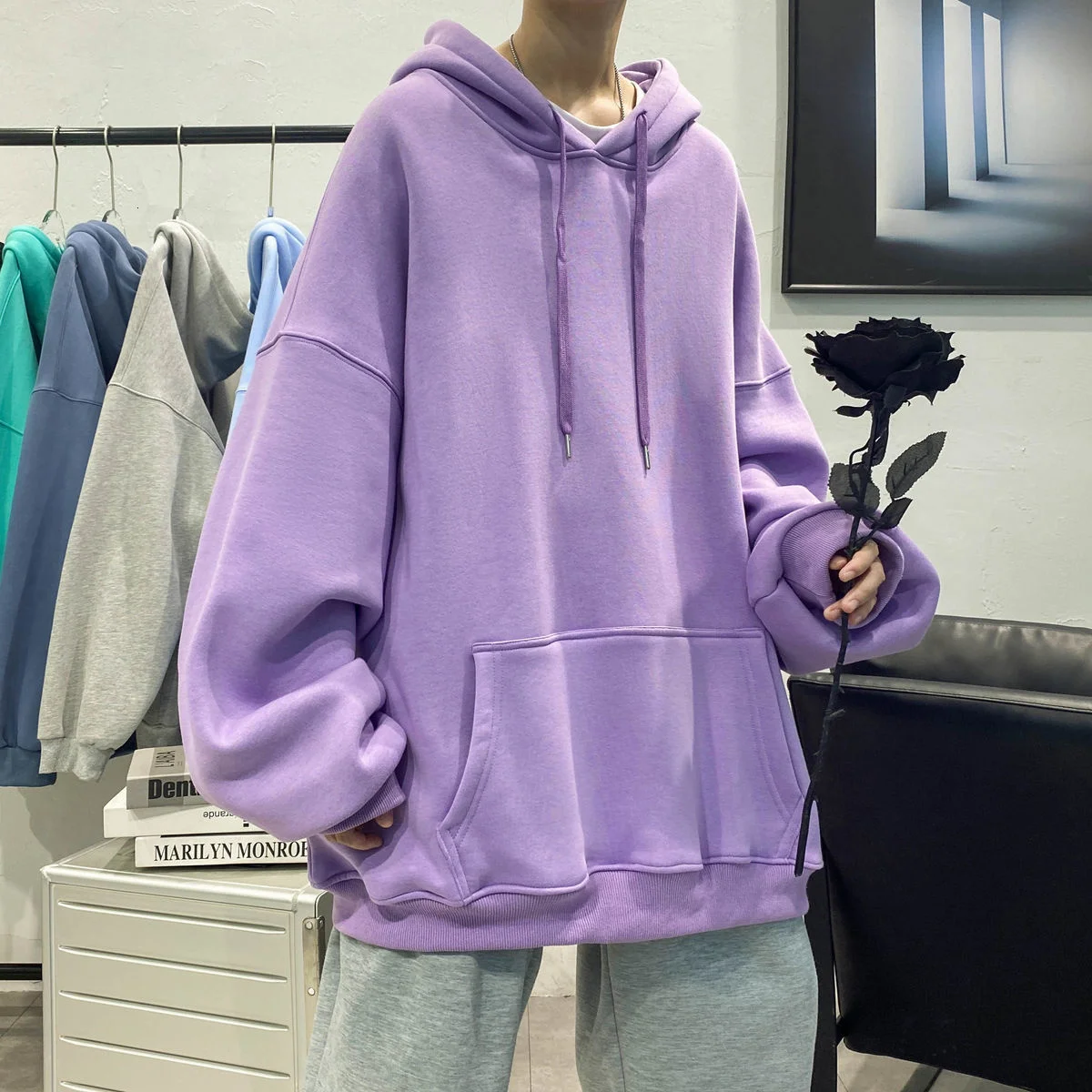 

INXYZ 2021 Men Women Fashion New Solid Color Hoodie Casual Loose Hip-hop Style Big Pocket Pullover Spring Autumn All-match