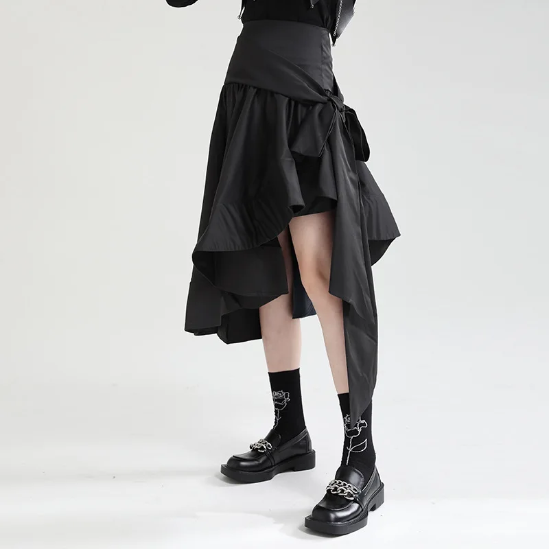 

YUERWANG Women Skirt Vintage High Waist Asymmetrical Skirt Fashion All Match Lace Up Loose Casual Black Skirts 2021 Autumn New