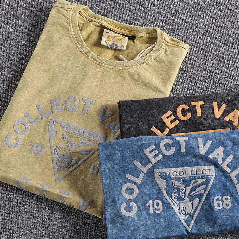 

Vintage old heavy wash t shirt trendy summer men's round neck letter print short sleeve T-shirt male streetwear
