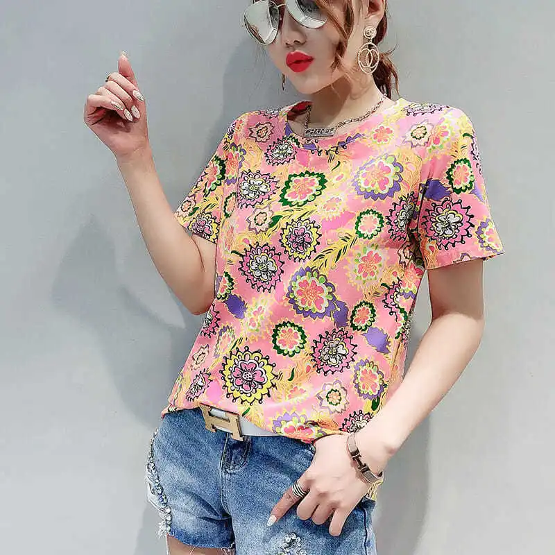 

2021 Europe station summer new fashion camouflage flower short sleeve T-shirt women's slim half sleeve print top