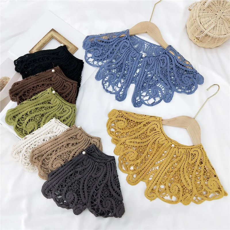 

Fake Collar Shawl Pearl Buckle O-Neck Doll False Collar Shirt Women Hollow Crochet Lace Detachable Collar Half Shirt Faux Col
