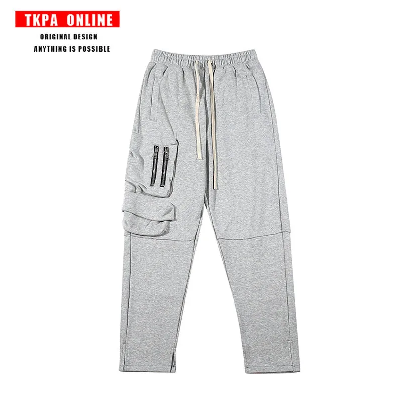 

2021 High Street Vibe Fan Three-Dimensional Pocket Straight Loose Solid Color Stitching Zipper Split Sweatpants Men
