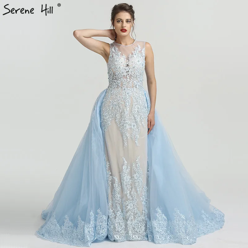 Вечернее платье русалки длинный светильник синяя аппликация без рукавов тюль