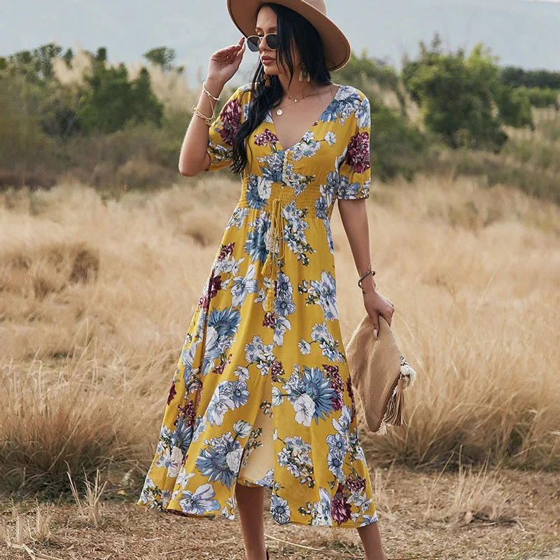 

2021 Summer Sexy V-Neck Design Large Printed Short-Sleeve High-Waist Dress Thin Waist Dress
