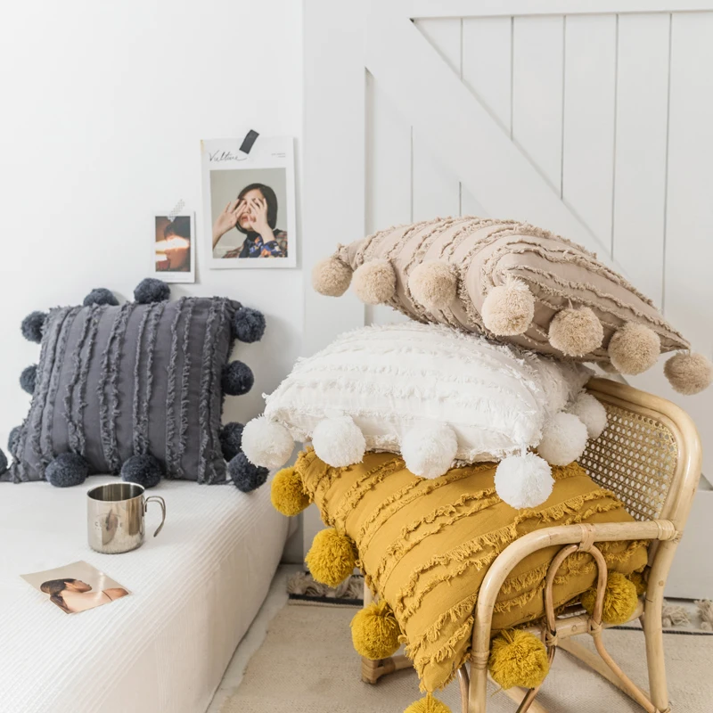 

Solid Cushion Cover Floral Tassels Square Pillowcase White Yellow Gray Pillowcase 45x45cm Home Decoration Sofa Throw Pillow