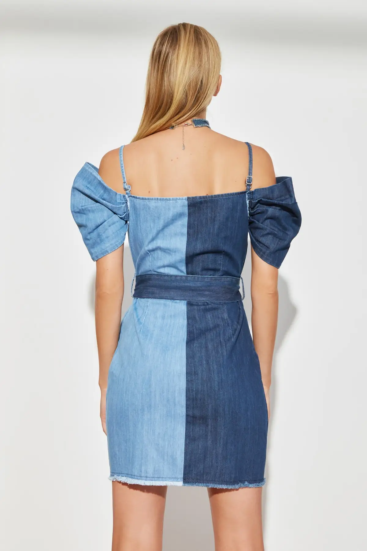 

Navy blue Color Block Asymmetrical Straps with Denim Dress TWOSS21EL1739 Mini Wraped Enzyme Stone Rigid Flat Design