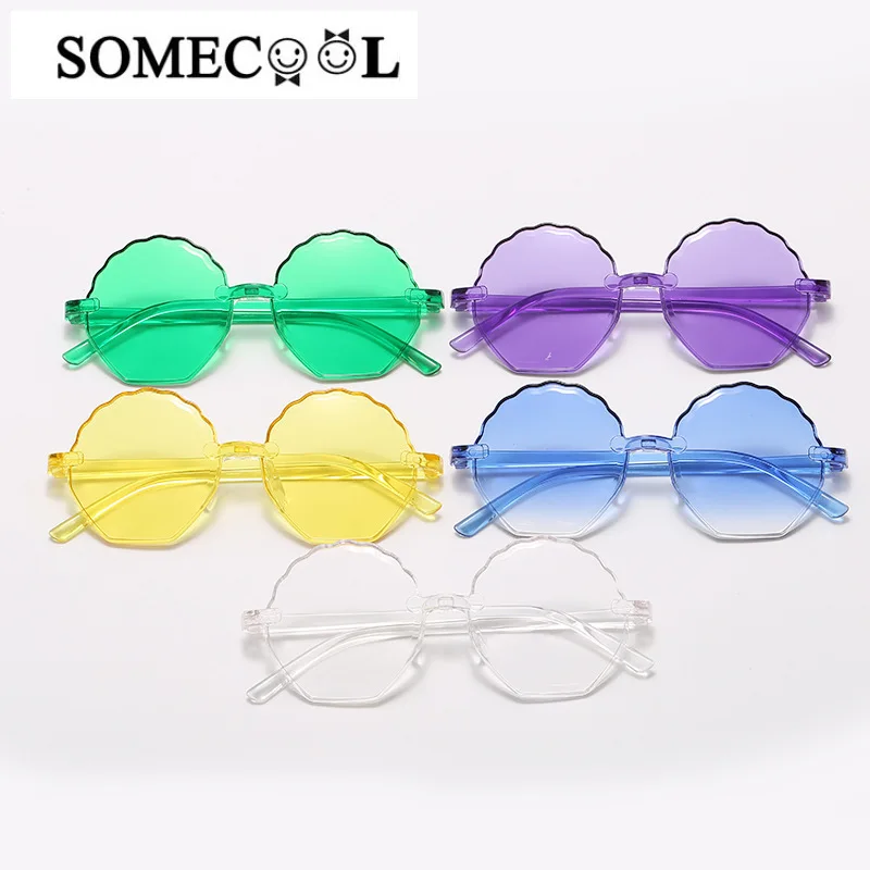 

2pcs Shell Shaped Kids sunglasses 2020 Factory Wholesae 3-8 yrs Child sun glasses Rimless UV400 Eyewear Candy Color glasses n78