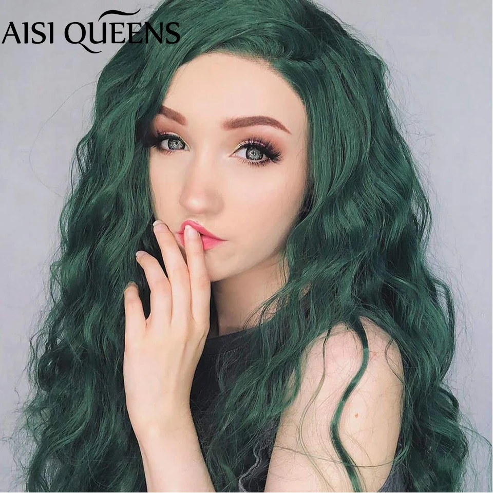 AISI Queen синтетический кружевной передний парик длинные зеленые волнистые