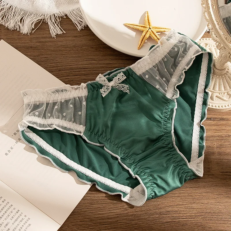 

French Milk Silk Women's Underwear Sweet And Lovely Little Fresh Girl's Lingerie Mesh Dot Lace Bow Sexy Women's Panties