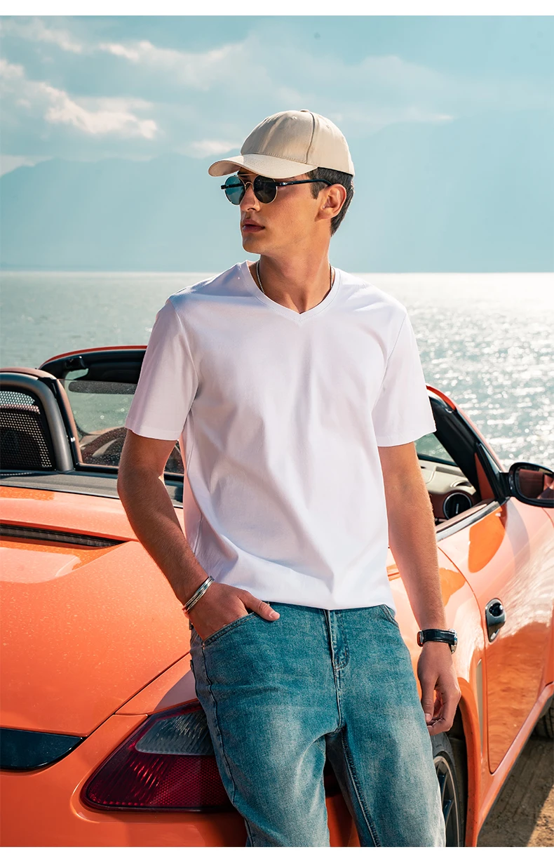 

2703 High-density 70 smooth cotton men's simple V-neck basic solid color short-sleeved T-shirt