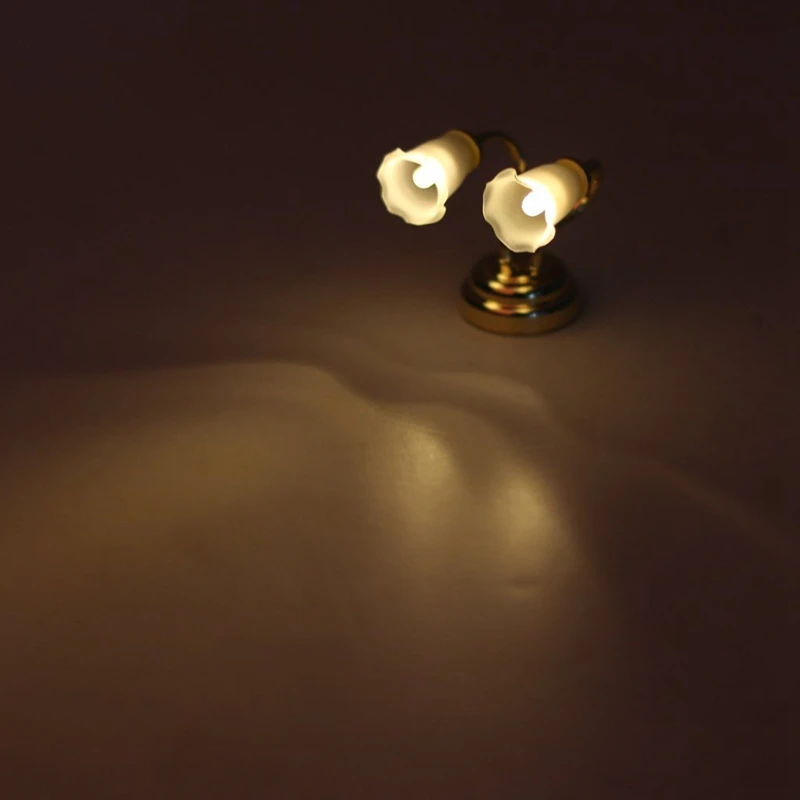 

2 Pcs 1:12 Doll house Miniature LED Mini Double Headed Wall Lamp Light Gold & White