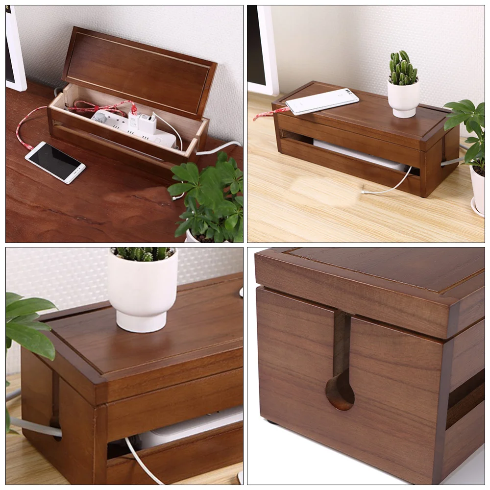 

1Pc Data Cable Storage Box Wood Hub Storage Case Power Plug Box