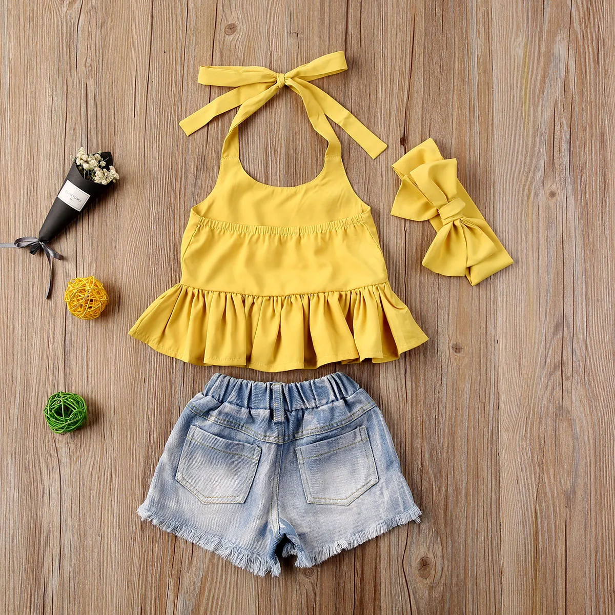 

Summer Baby Girl 3 pcs set Clothes Sleeveless Halter Tops + Denim Shorts Headband Kids Outfit Set