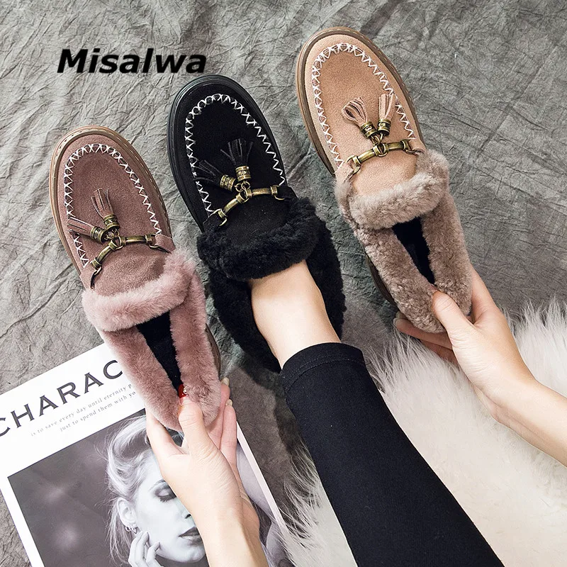 Misalwa/женская зимняя короткая обувь для отдыха; теплые плюшевые повседневные ботинки из коровьей замши; милая розовая Нескользящая женская обувь с кисточками